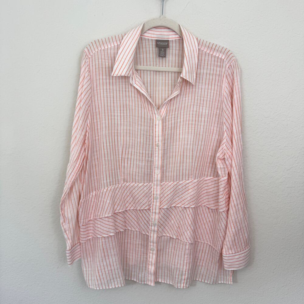 Chico's Womens Button Shirt Size XL 100% Cotton Lightweight Stripe Summer Sheer